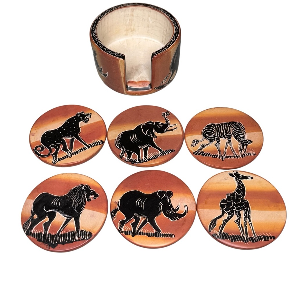 Vintage Hand Carved SoapStone Safari Animal Coaster Set